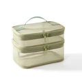 Light green mesh travel toiletry bags with double zippers and top handle for storage - Double Layer / Army Green