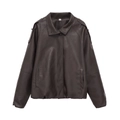 Chaqueta clásica de cuero sintético marrón oscuro para mujer con cuello de solapa y dobladillo - XS / café