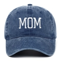 Detail of MOM embroidery on vintage denim blue cotton baseball cap with stitch texture - Adjustable / Navy Blue MOM
