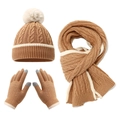 Winter-Strickset für Kinder mit gestreifter Bommelmütze sowie Schal und Handschuhen - Khaki
