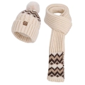 Winter knitted beanie and scarf set in beige and brown mountain pattern with faux fur pom - Beige (2-Piece Set)