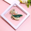 Elegant gold fish brooch with green enamel, crystals and a large white pearl detail - XZ060-Gold Fish-Boxed