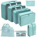 8-piece travel organizer set in mint green with mesh cubes, shoe bag, and drawstring pouches - Cosmetic Bag 9-Piece Set / Lake Blue