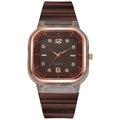 Dettaglio orologio al quarzo quadrato oro rosa con quadrante marrone e strass - Caffè Scuro