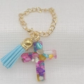 Cross charm for Stanley cup handle with blue tassel and colorful stones in gold chain - Blue (Colorful Stone Cross + Blue Tassel)