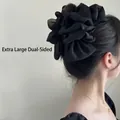 Oversized black rose chiffon hair tie featuring layered ruffle design for elegant hair styling - Black Silver Thread-Bubble Claw Clip