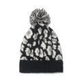 Leopard print knit beanie with fluffy pom-pom and ribbed cuff for winter warmth - M (56-58cm) / Black