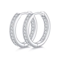 Pair of 925 sterling silver hoop earrings with pavé set moissanite stones on white background - Silver