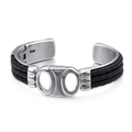 Bracciale punk da uomo in pelle intrecciata e acciaio inossidabile con design a grugno - Stile Aperto Naso di Maiale Cavo Intrecciato Nero Argento (KB99432-BD)