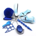 Detail view of blue neoprene safety keychain kit including alarm and accessories - Blue Set