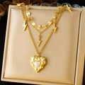 Collana dorata a strati con ciondoli a fulmine e pendente a cuore con perla - Stile Multistrato Fulmine Cuore Ciondolo (N3113)