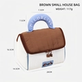 Cute house-shaped cosmetic bag in white quilted fabric with blue handle dimensions - Brown House Organizer