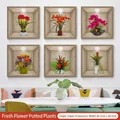 Set van 6 3D muurstickers met bloempotten en houten frame effect voor decoratie - 30x90x2 Vellen / Bloemen in Pot (CH39089AB)