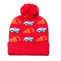 Close-up of red knit hat showing blue truck and orange excavator cartoon patterns - Red