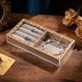 Transparent acrylic jewelry display box with gray velvet lining and golden leaf patterns - Type A Printed / Gray