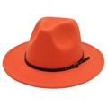 Detail view of orange wool fedora hat featuring a stylish black leather band with golden buckle - Orange Yellow (Small Black Leather Belt)
