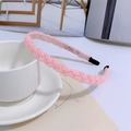 Close-up of a pink beaded braided headband styled with a book and coffee cup - Deep Pink