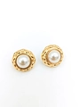 Retro round button earring with gold quilted pattern border and center white pearl - White