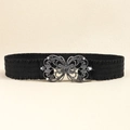 Cintura elastica nera con fibbia a fiocco argento, incisione di rose e strass brillanti - Argento Nero