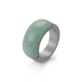 Wide brushed titanium steel ring featuring a semi-wrapped rectangular green gemstone - US 7