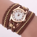 Bohemian vintage multi-layer wrap watch with brown woven leather and gold chains - Brown