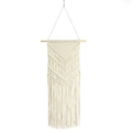 Handmade cream macrame wall hanging with bohemian fringe and woven V-pattern detail - Tree Ring Tapestry