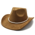 Brown faux suede cowboy hat with vintage pearl chain trim and wide brim detail - M (56-58cm) / Khaki