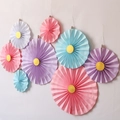Pink, purple, and blue paper fan flower set with gold glitter centers for party decor - 8pcs Set with Glitter Disk