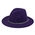 Detailed view of dark purple wide-brim fedora hat with decorative thick silver chain link - Purple Hat Silver Chain