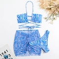 Detailed close-up of blue zebra print 3-piece bikini set with drawstring skirt - S / Blue