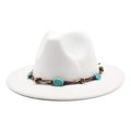 Close-up of white wool fedora hat featuring ethnic trim with teal resin stones - M (56-58cm) / White