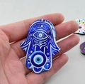 Handheld acrylic Hamsa charm with blue Evil Eye design for DIY jewelry making - Style 17