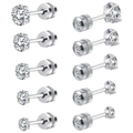5 pairs set of silver cubic zirconia stud earrings with secure screw flat backs for women - Steel Set