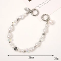 DIY phone case pearl strap with flower charm in white and silver finish, 28cm length - Camellia Style (K3708)