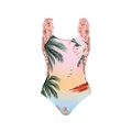 Damen Bikini-Set mit Sonnenuntergangs-Verlauf, rosa Rüschenblumen und Palmenprint - S / Applikations Badeanzug