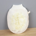 Exfoliating bath mitt in cream white with integrated mesh loofah for rich foaming - Linen Bath Flower Glove (16*24CM)