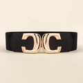 Detail of wide elastic waist belt with large gold double-C buckle on black leather strap - Black