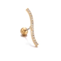 Macro shot of curved gold ear stud featuring sparkling zircon stones and a ball back screw - Curved Bar Gold (EGD0889)