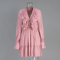 Detail of light pink chiffon dress with V-neckline, ruffles, and tiered bell sleeves - S / Pink