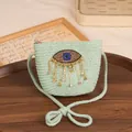 Mini light green woven straw bag for girls with evil eye rhinestone design - Kids / Lake Green