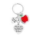 Silver teacher gift keychain with red enamel apple pendant and engraved heart charms - XPX003 Keychain Silver (Helping me grow)