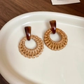 Bohemian round rattan earrings with dark resin stud on a white tray, beach style - 7# Round Woven Style (HE21550) / Coffee/Amber / 925 Silver Earring Post