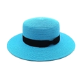Detail of bright blue boater hat featuring fine straw texture and black ribbon bow - M (56-58cm) / Lake Blue