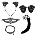 Black cat cosplay set with sequin ears, lace mask, faux fur paws, collar and tail - Black Set Style 6 (5 Pcs) / Black