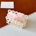 White floral claw clip with pink organza bow hair accessory for elegant women's styling - Pink Square Claw Clip-7.8cm