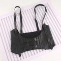 Detail of black punk leather corset belt with double shoulder straps and buckles - Suspender Corset / Litchi Black
