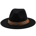 Detail of black wool fedora with brown leather band and silver metal stud embellishments - Black