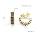 Detail view of 18K gold plated C-shape earrings with black zircon and dimensions - Black