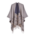 Beige cashmere shawl with navy geometric patterns and bohemian tassels in poncho style - Bohemian Double Rhombus Beige