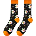 Detailansicht der Strickstruktur schwarz-orangener Halloween-Socken mit Geist- und Spinnenmustern - A2016 Schwarz Geist BOO